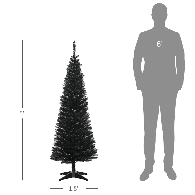 HOMCOM 5' Artificial Pencil Christmas Tree, Slim Xmas Tree with 294 Realistic Branch Tips and Plastic Stand, Black