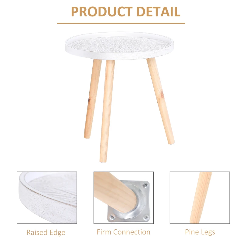 HOMCOM Round Coffee Table, Carved Floral End Table with Tray-style Top and Wooden Legs for Living Room