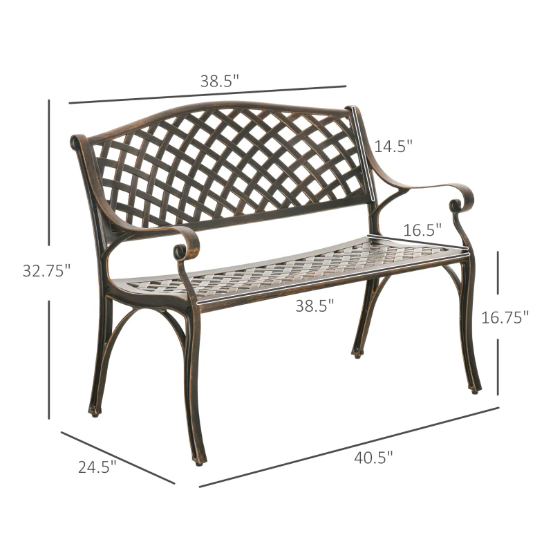 Outsunny Metal Garden Bench for Front Porch, Loveseat Like 2 Person, Armrests, Copper Color Cast Aluminum, Weaving Latticework Outdoor Furniture, Bronze Color