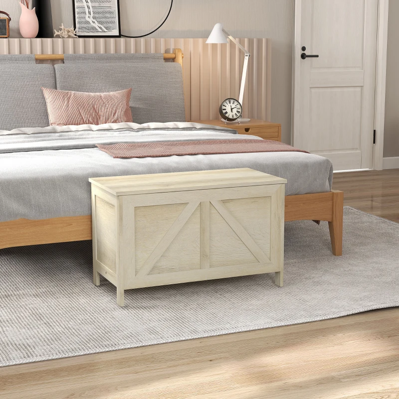 HOMCOM 30" Farmhouse Storage Bench, Lift Top Storage Chest with Safety Hinge to Open Up 100°, Wooden Trunk for Bedroom, Entryway, Living Room, Natural