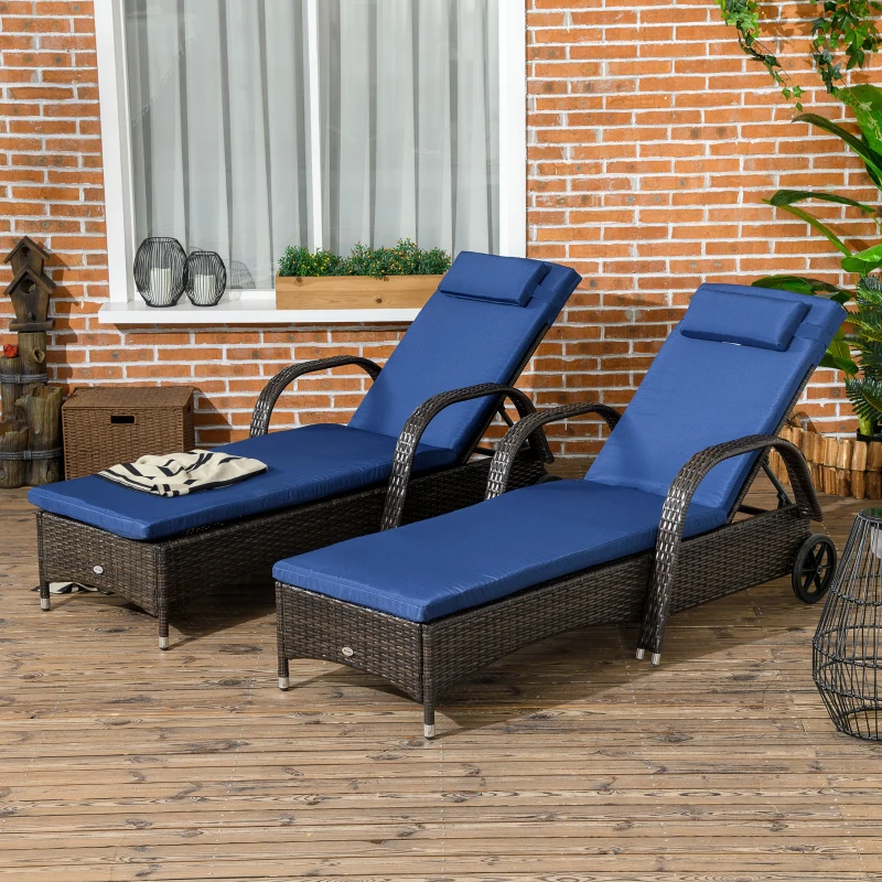 Outsunny 2 Piece Reclining Chaise Lounge Chairs, Rolling Outdoor Chairs with Cushion, Pillow, Headrest, Armrests, Wheels, Brown