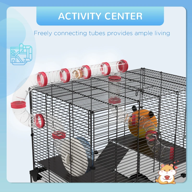 PawHut Hamster Cage with Deep Glass Bottom, Tunnel Tube System, Platforms, Hut, Exercise Wheel, Water Bottle, 24" x 16" x 22"