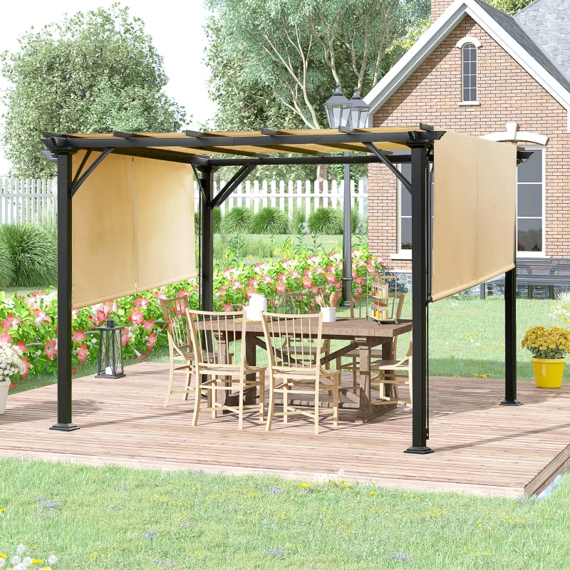 Outsunny 10' x 10' Retractable Pergola Canopy, Outdoor Gazebo with Sun Shade Canopy and Steel Frame, for Backyard, Garden, Patio, Deck, Beige