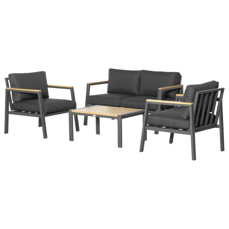 Outsunny 4 Piece Patio Furniture Set Aluminum Conversation Set Outdoor Garden Sofa Set w/ 2 Armchairs, Loveseat Sofa, Center Coffee Table, Cushions for Garden, Patio, Dark Gray
