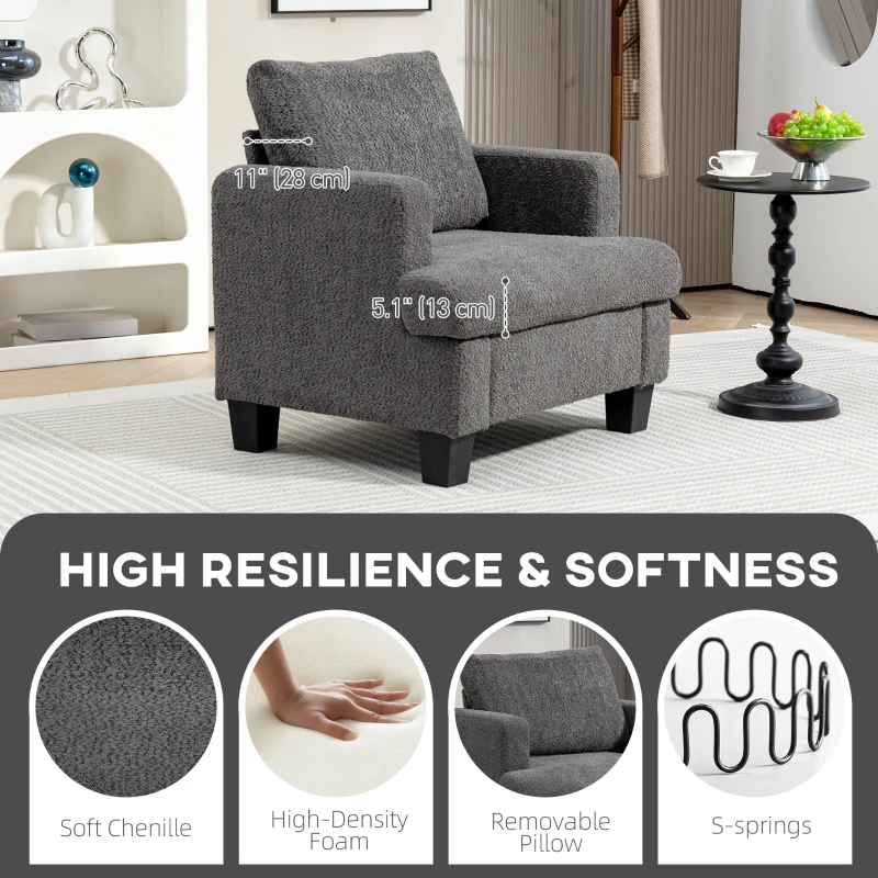 HOMCOM Modern Armchair, Upholstered Chenille Accent Chair with Wood Frame and Back Pillow for Living Room, Dark Grey