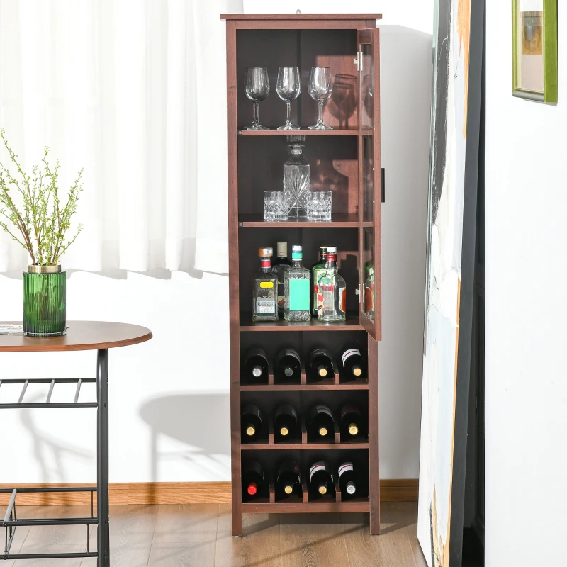 HOMCOM Tall Wine Cabinet, Bar Display Cupboard with 12-Bottle Wine Rack, Glass Door and 3 Storage Compartment for Living Room, Home Bar, Dining Room, Walnut