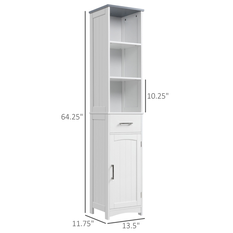 kleankin Tall Bathroom Storage Cabinet, Slim Bathroom Cabinet with 3 Tier Shelf, Drawer, Door, Freestanding Linen Tower, White