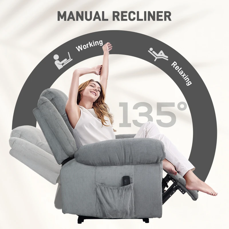 HOMCOM Manual Recliner Chair with Vibration Massage, Side Pockets, Corduroy Reclining Chair for Living Room, Grey