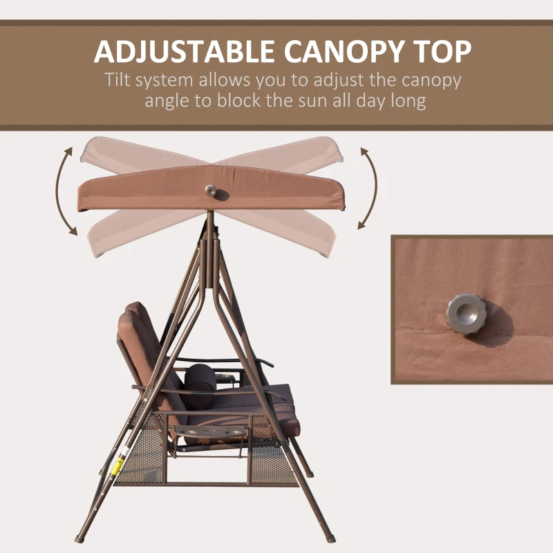 Outsunny 2-Person Patio Swing Outdoor Swing Chair Canopy Swing with Adjustable Shade, Soft Cushions, Throw Pillow and Tray for Garden, Poolside, Backyard, Brown
