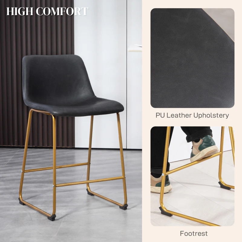 HOMCOM Counter Height Stools Set of 2, PU Leather Upholstered Stools for Kitchen Island, Modern Bar Chairs, Dark Grey