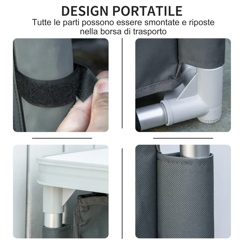 Outsunny Camping Kitchen Station, Aluminum Camping Table Cook Cupboard with 2-Shelf and Carrying Bag for BBQ Party Picnics, Grey