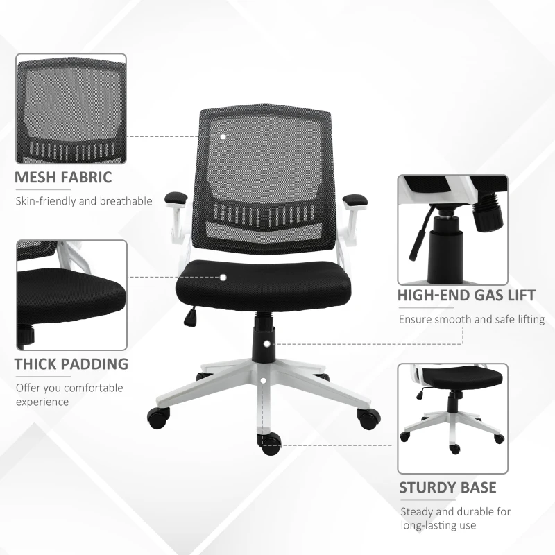 Vinsetto Mid Back Office Chair, Linen-feel Mesh Computer Desk Chair with Lumbar Back Support, Flip-up Arm, Adjustable Height, Black