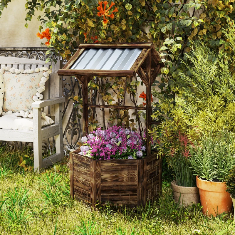 Outsunny Wooden Wishing Well Planter, Raised Garden Bed with Galvanized Canopy, Hexagon Raised Flower Bed for Garden, Tan