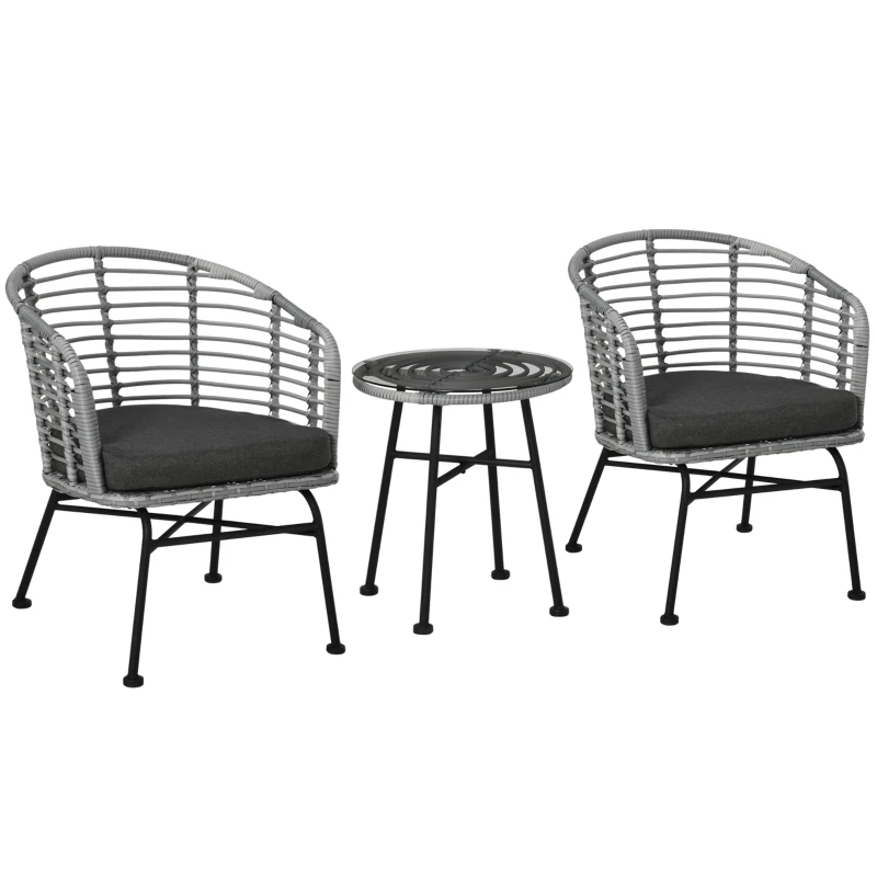 Outsunny 3 Piece Patio Bistro Set, PE Rattan with Cushioned Barrel Chairs & Glass Coffee Table, Conversation Set, Mixed Gray