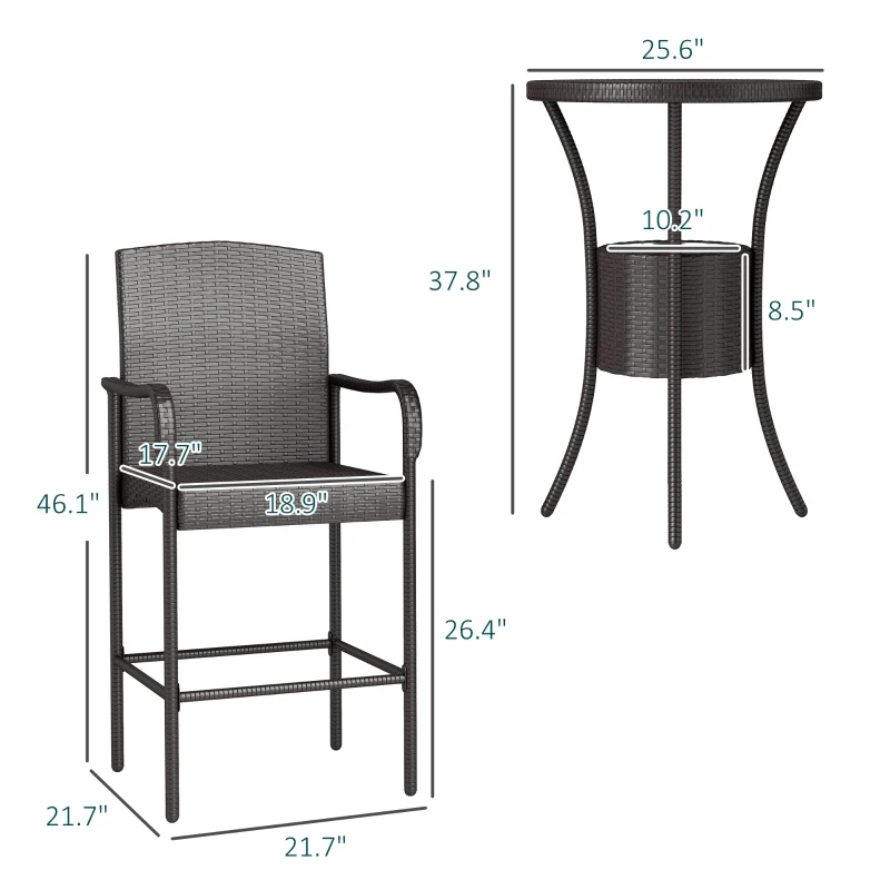Outsunny 3 Pieces Rattan Wicker Bar Set with Ice Bucket, 1 Bar Table and 2 Bar Stools for Poolside, Backyard, Porches, Dark Brown