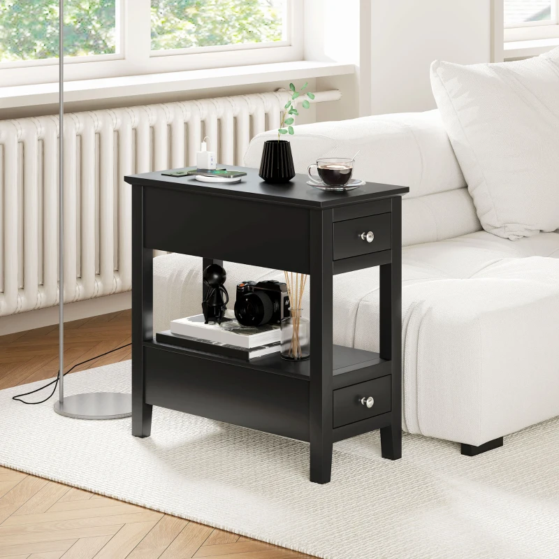 HOMCOM Narrow Side Table with Charging Station, USB Ports, Modern End Table with Storage Shelf, Drawers for Living Room, Black