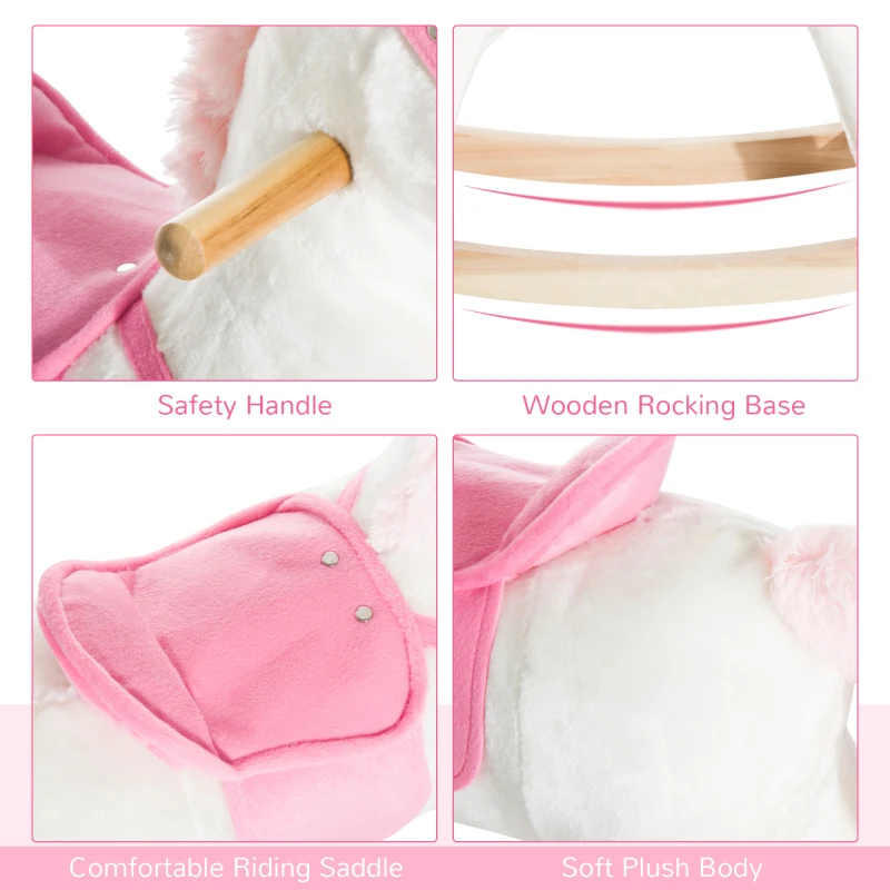 Qaba Kids Plush Toy Rocking Horse Unicorn with Realistic Sounds, White & Pink