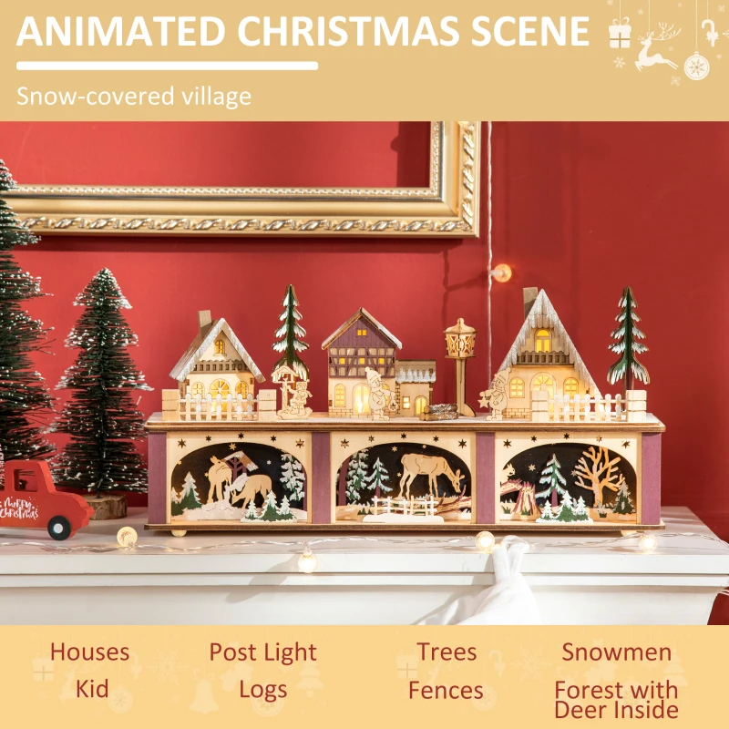 HOMCOM Christmas Village House Decoration, Pre-lit Winter Wonderland with 15 Battery Operated LED Lights, Indoor Room Decor Collection