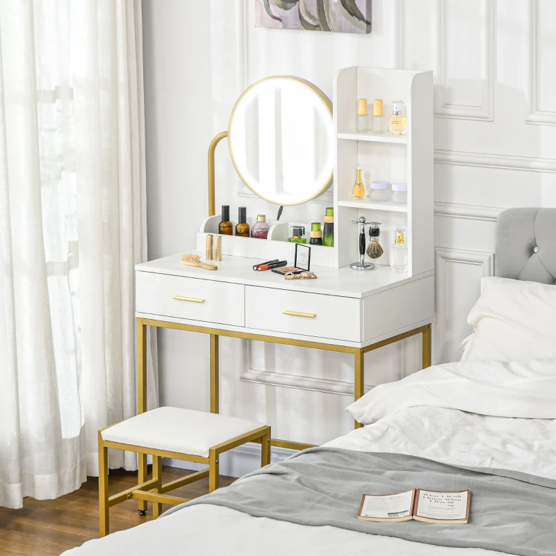 HOMCOM Makeup Vanity Table Set with  Stool, LED Lights, Drawers, Shelves, Dressing Table for Bedroom, White