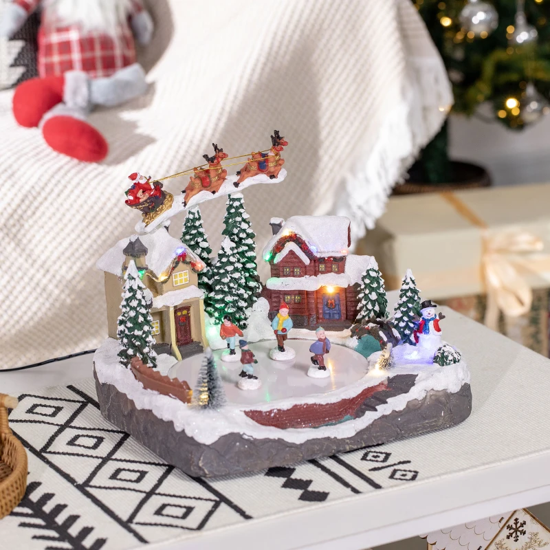 HOMCOM Christmas Village, Santa and Deer Skating Pond Animated Winter Wonderland Set with Multicolored LED Light, Plug-In Christmas Decoration