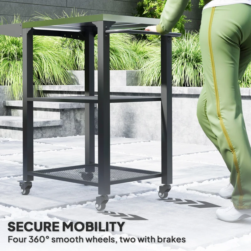 Outsunny Outdoor Grill Cart w/ Foldable Side Table, 3-Tier Pizza Oven Stand w/ Stainless Steel Tabletop, Hooks, Wheels