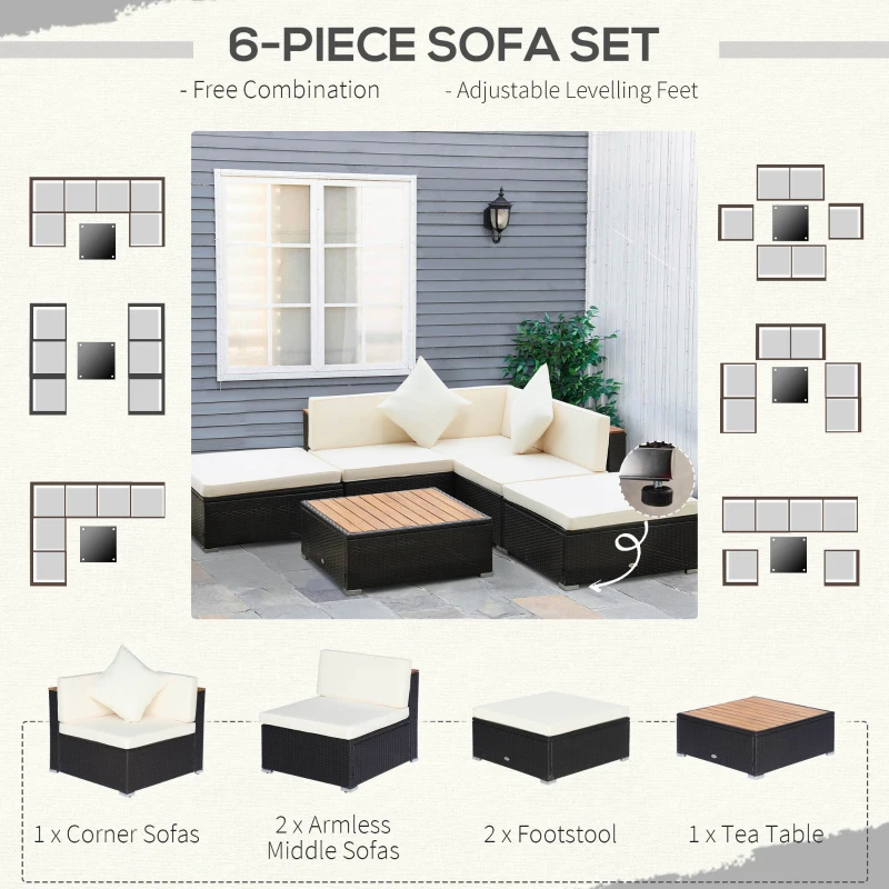 Outsunny 6 Piece Patio Furniture Set, All Weather Outdoor Rattan Sectional Sofa Couch with Chaise Lounge Sides, Coffee Table & Chairs, Conversation Set with Pillows & Cushions, Gray