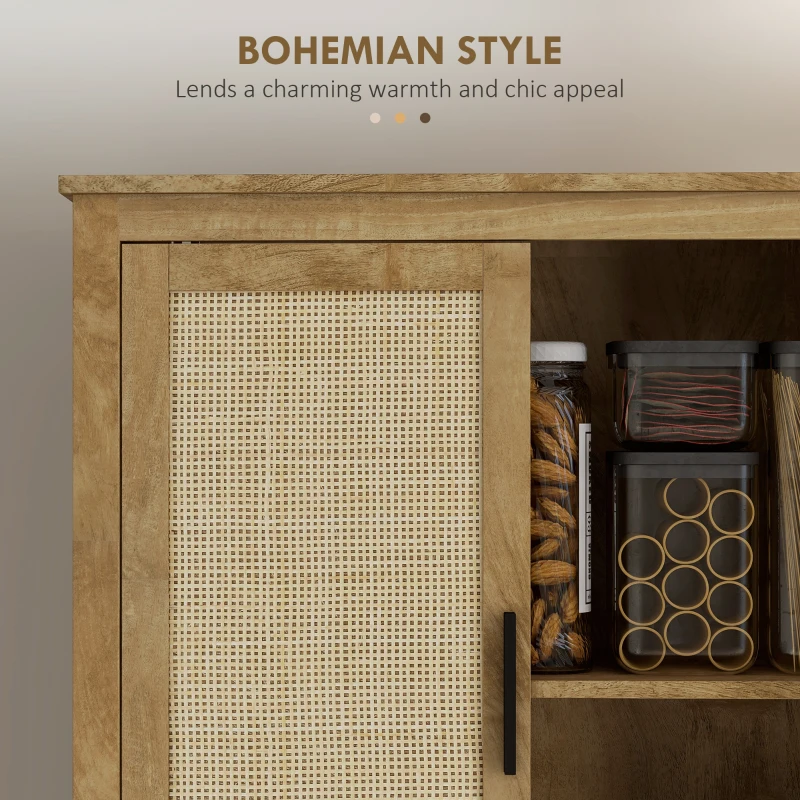 HOMCOM 64" Kitchen Pantry, Tall Storage Cabinet with 4 Rattan Doors, 4 Tier Shelves and Adjustable Shelf, Natural