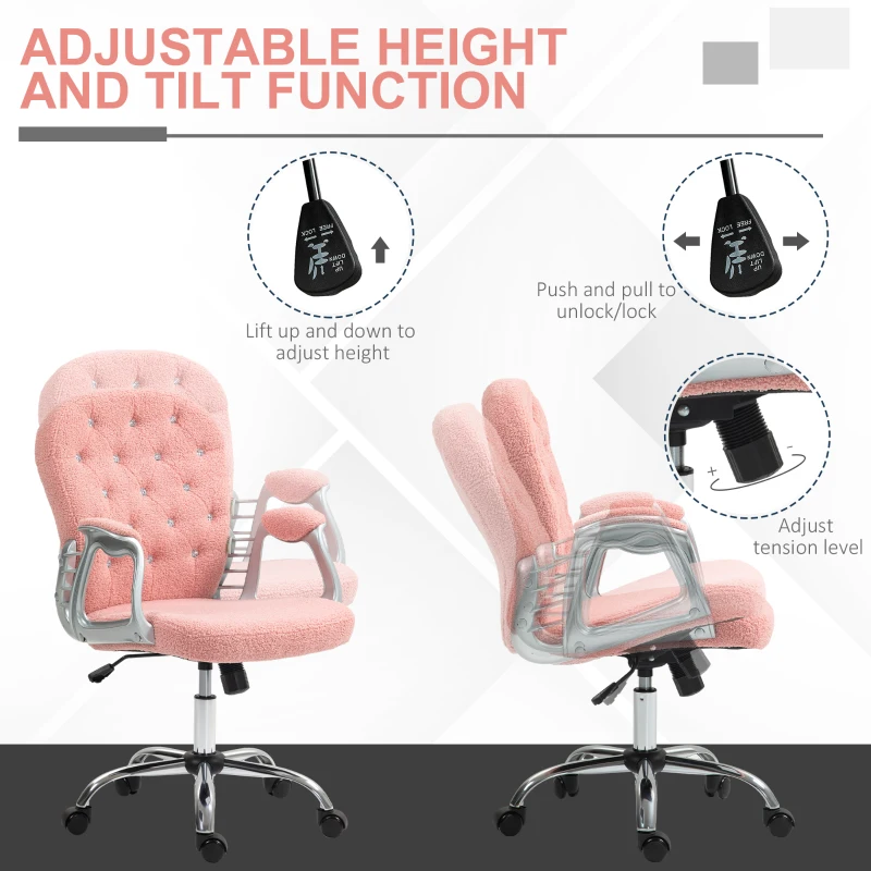Vinsetto Button Tufted Desk Chair, Home Office Chair with Padded Armrests, Adjustable Height and Swivel Wheels, Pink