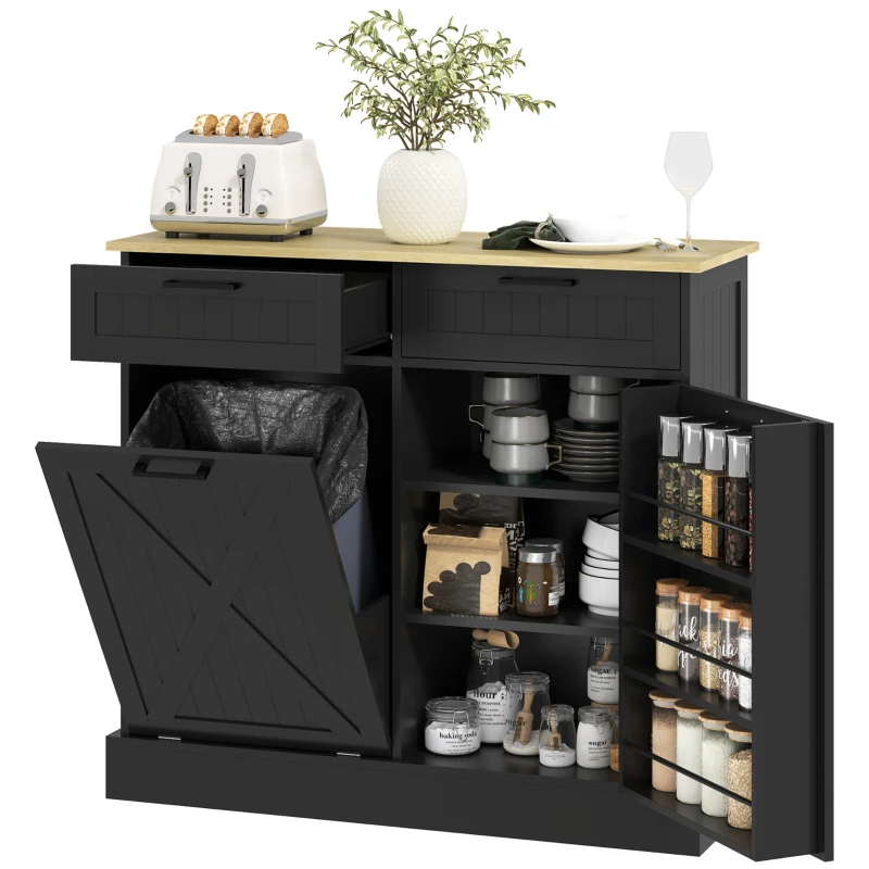 HOMCOM 10 Gallon Farmhouse Kitchen Cabinet with Hidden Trash Can and 2 Drawers, Tilt Out Trash Can Cabinet for Kitchen, Black