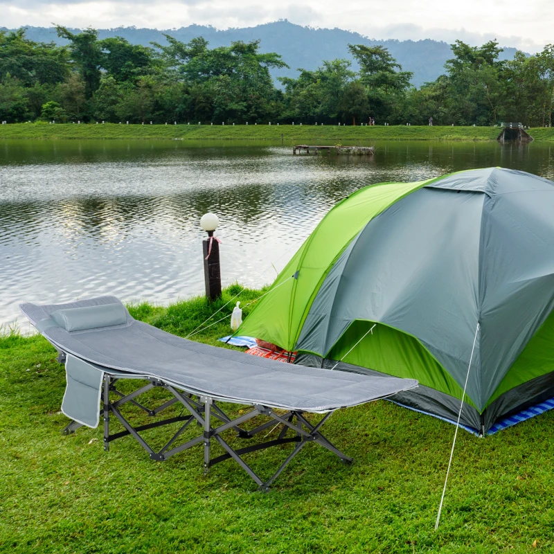 Outsunny Folding Camping Cot with Mattress & Pillow, Double Layer Oxford Heavy Duty Sleeping Cot with Carry Bag Dark Grey