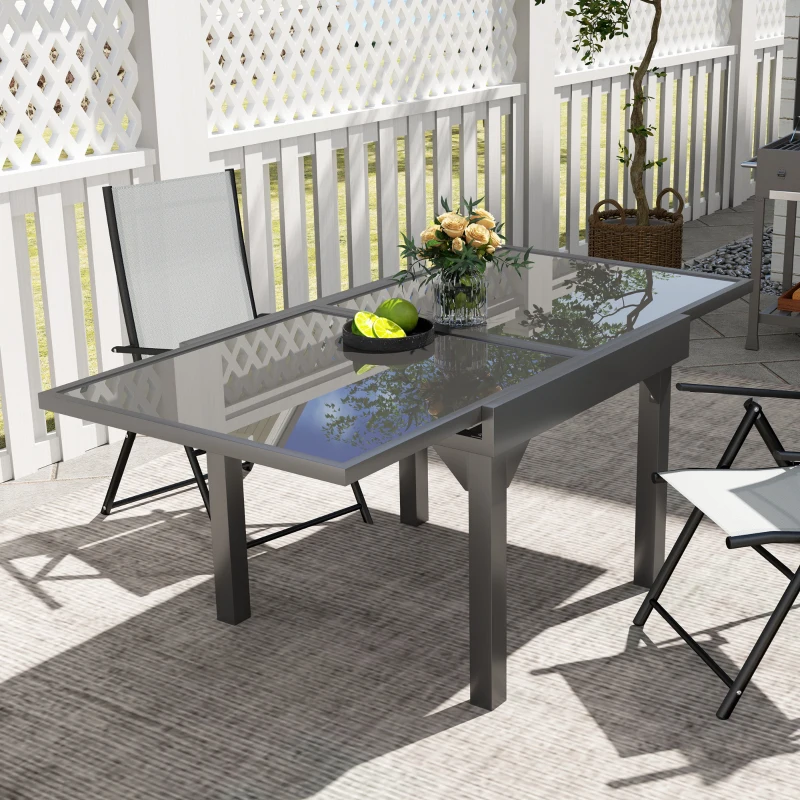 Outsunny 35"-71" Expandable Outdoor Table with Tempered Glass Top, Metal Frame, for 4-6 Person, for Lawn, Garden, Backyard