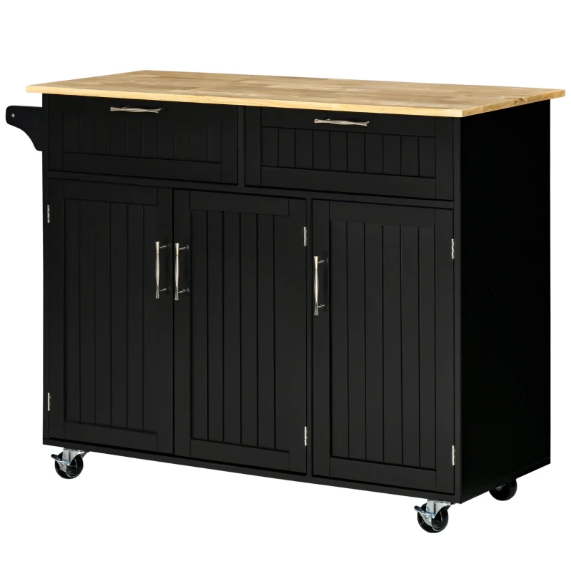 HOMCOM Mobile Kitchen Island with Storage, Kitchen Cart with Wood Top, Storage Drawers, 3-door Cabinets, Adjustable Shelves and Towel Rack, Black