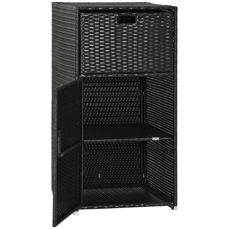 Outsunny Outdoor Towel Rack & Pool Toy Cabinet/Hot Tub Accessory Storage, Waterproof PE Rattan Cabinet & Basket Drawer for Indoor, Swimming Pool, Spa, 24"x24"x47", Dark Brown