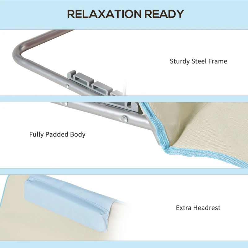 Outsunny Set of 2 Beach Lounge Chair, Folding Ground Beach Mat w/ Adjustable Back, Steel Frame, Head Pillow and Carry Bag, Beige