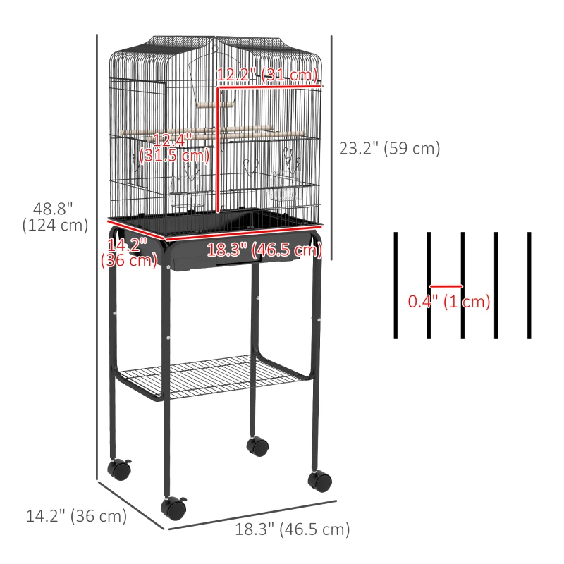 PawHut 49" Rolling Bird Cage Cockatoo House Play Top Finch Pet Supply with Storage Shelf, Wheels - Black