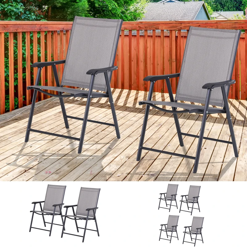 Outsunny Set of 2 Outdoor Folding Chairs, Stackable Patio Dining Chairs with Armrests, Metal Frame, Gray