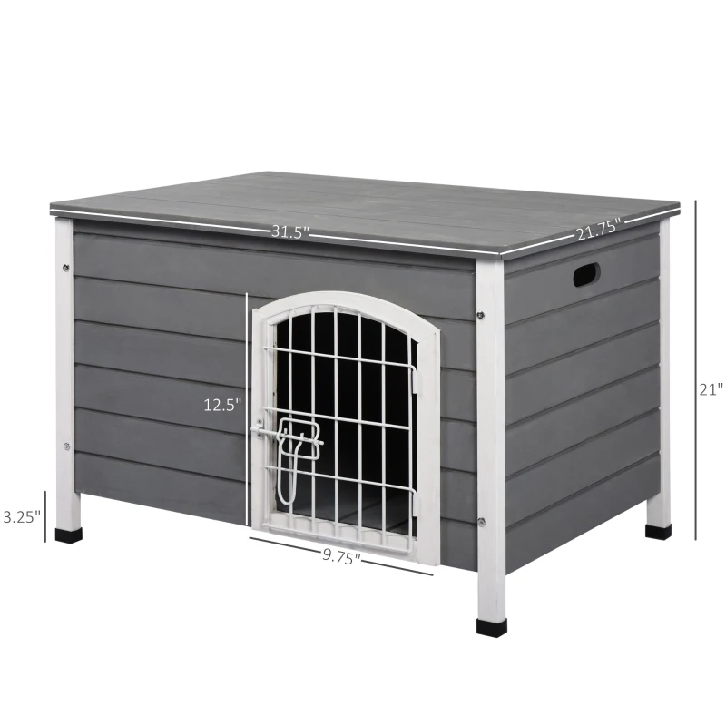 PawHut 31"L Wooden Decorative Dog Cage Kennel Wire Door with Lock Small Animal House with Openable Top Removable Bottom Gray