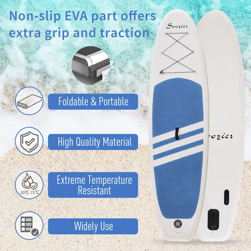 Soozier 10' x 32" x 6" Inflatable Stand Up Paddle Board with ISUP Accessories, Carry Bag, Non-Slip Deck, Adj Paddle, Pump, Leash for Adults Kids, Blue and White