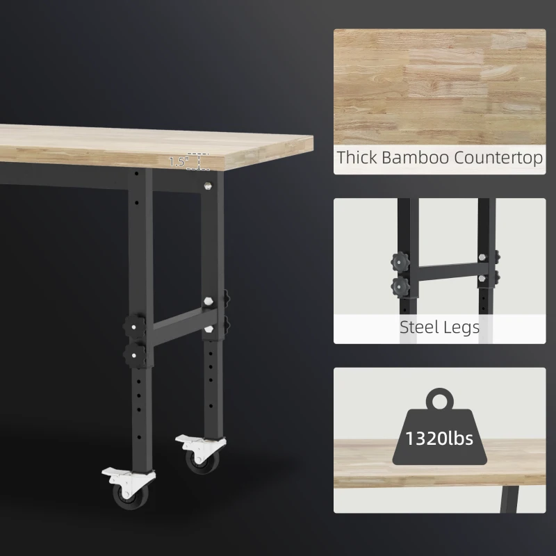 HOMCOM 59" Work Bench with Height Adjustable Legs, Bamboo Tabletop Workstation Tool Table on Wheels for Garage, Weight Capacity 1320 Lbs, Black/Natural