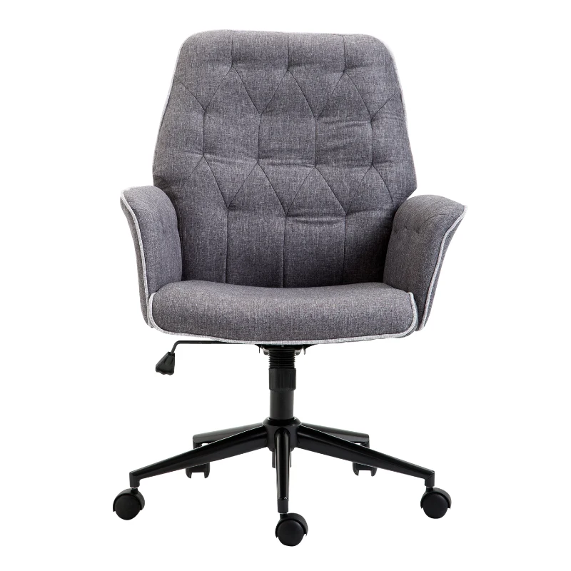Vinsetto Linen Home Office Chair, Tufted Height Adjustable Computer Desk Chair with Swivel Wheels and Padded Armrests, Dark Gray