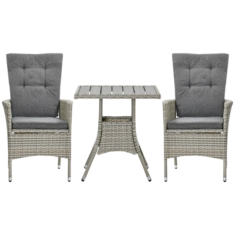 Outsunny 3 Piece Patio Bistro Set, PE Wicker Furniture Conversation Set w/ Tufted Cushion Reclining Chairs & Coffee Table, Gray
