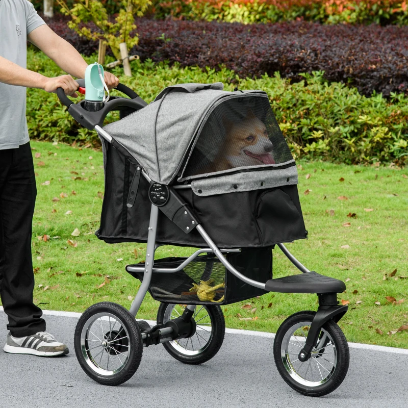 PawHut Luxury One-click Folding Pet Stroller Dog/Cat Travel Carriage with Wheels Adjustable Canopy Zippered Mesh Window Door Grey and Black