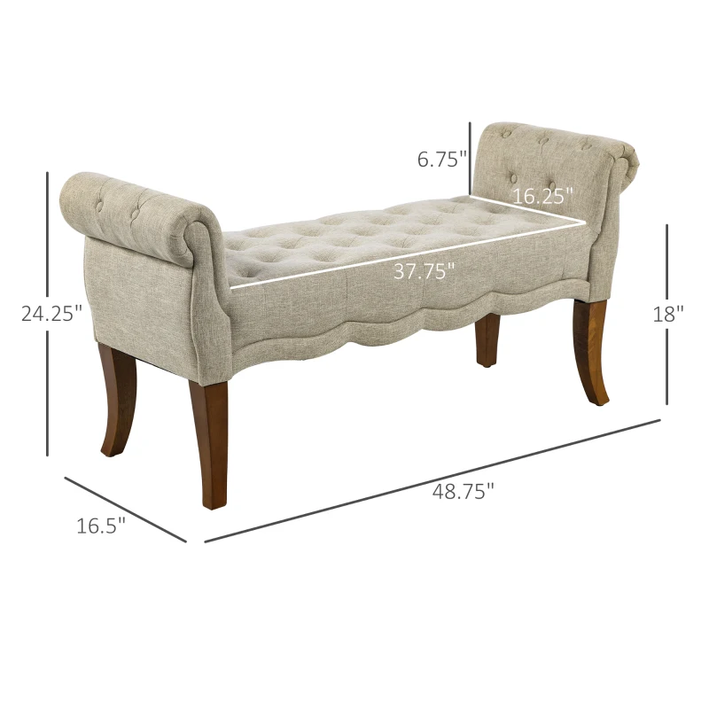 HOMCOM Traditional Style End of Bed Bench, Upholstered Entryway Bench with Button Tufted and Rounded Arm, Beige