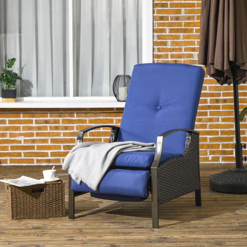 Outsunny Outdoor Rattan Recliner Chair, Wicker Reclining Chair with Cushions, Footrest, Armrests for Balcony, Porch, Dark Blue