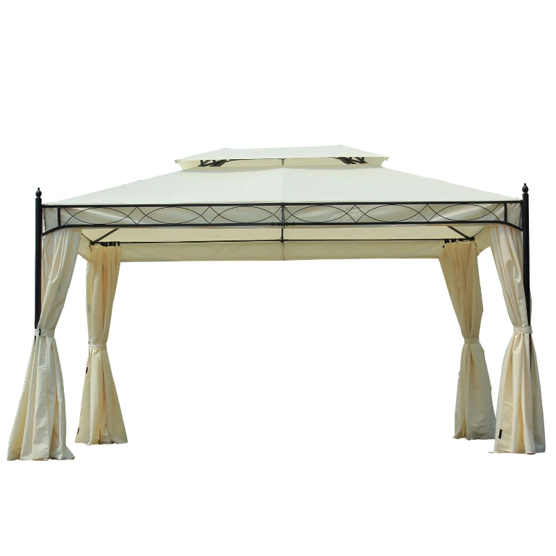Outsunny 10x13ft Garden Gazebo Double-Tiered with Curtain Outdoor Shelter Backyard Canopy Cream White