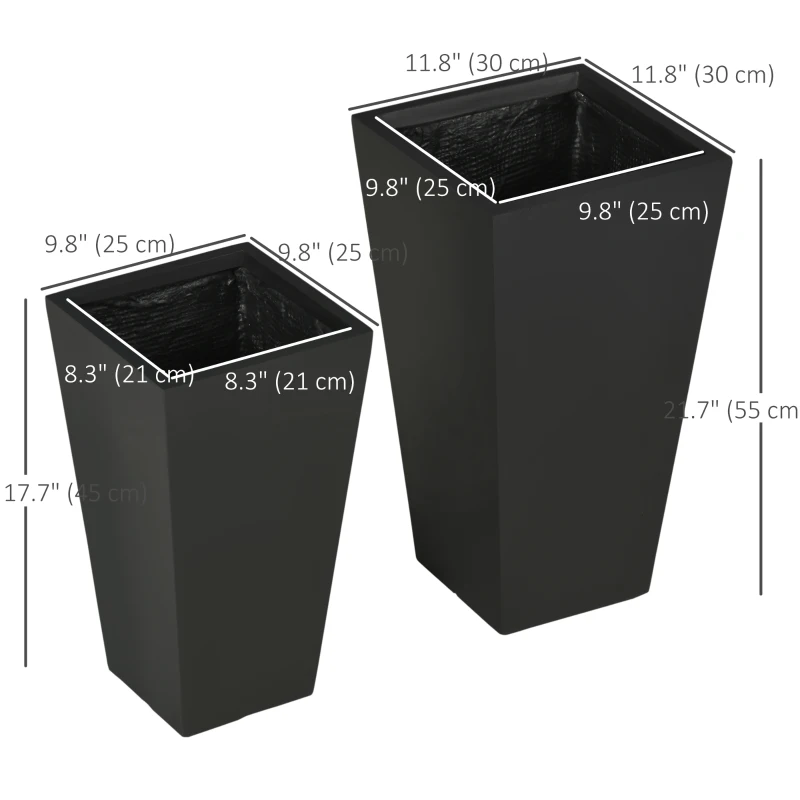 Outsunny Set of 2 Tall Planters with Drainage Holes, 22" / 18" Outdoor Flower Pots for Patio, Yard, Garden, Black
