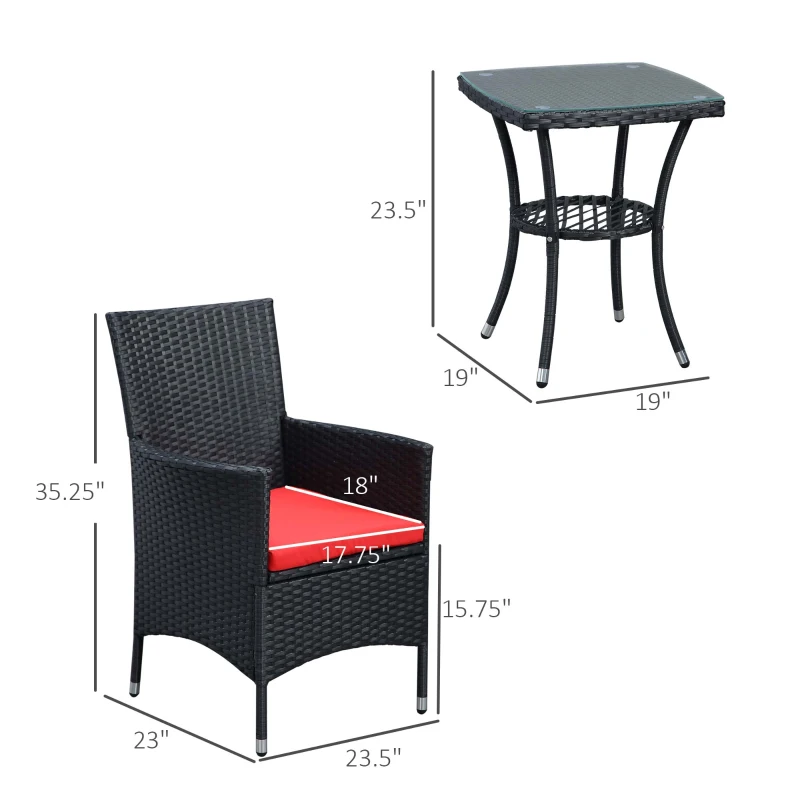 Outsunny 3 Pieces Wicker Patio Furniture Set, Rattan Bistro Set with Glass Top Coffee Table and Cushions, Outdoor Conversation Set for Garden, Porch, Balcony, Red