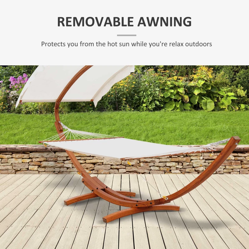 Outsunny Outdoor Hammock with Stand & Accessories, Heavy Duty Wooden Frame, Sun Shade Visor Canopy, Indoor Outside Boho Style Nap Bed, Natural Cotton, White