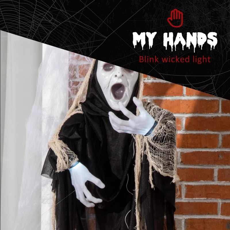 Outsunny 60" Outdoor Halloween Decorations Hanging Ghost Stretching Out Arms Animated Prop with Sound and Motion Activated Light Up Hands, Spooky Scream