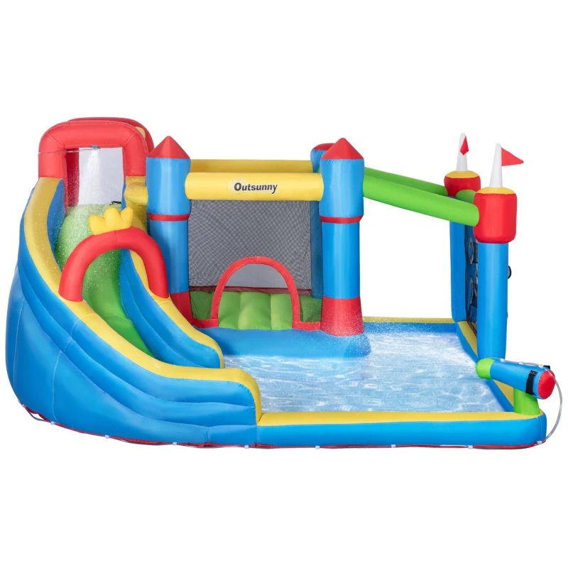 Outsunny 6-in-1 Inflatable Bounce House with Slide, Climbing Wall, Water Cannon, and More, Inflatable Water Slide for Kids with 2 Min. Inflation